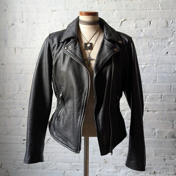 Vintage Black Leather Biker Jacket Minimalist Chic 90s Black Leather Coat Small - Picture 1 of 10